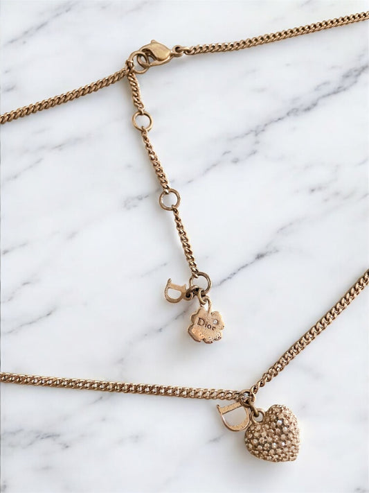 Vintage Dior Gold Necklace – D Initial Charm with Rhinestone Heart Pendant
