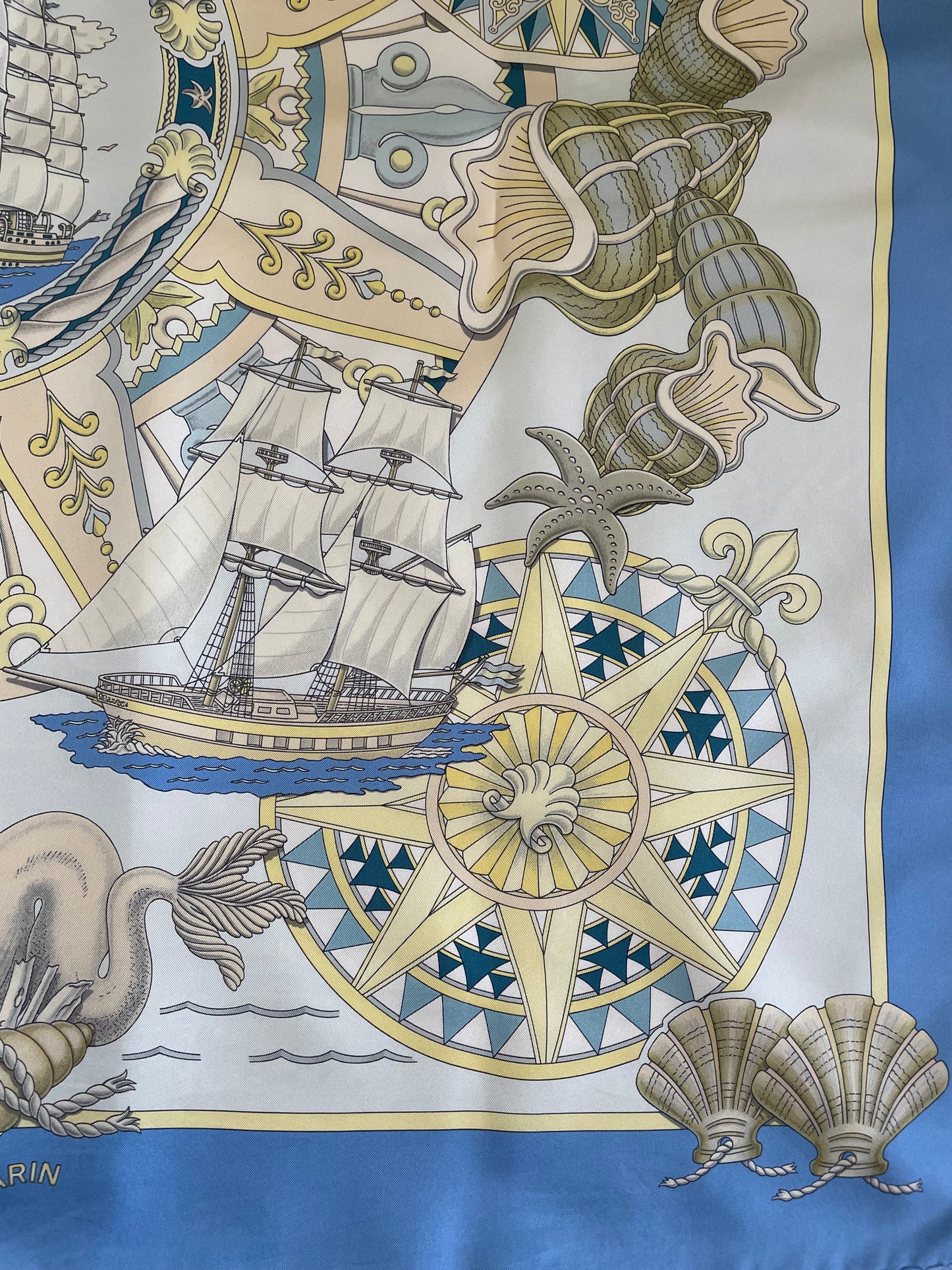 Hermès Carre 90 Silk Scarf – L’Air Marin by J. Metz, Blue Sea Shell Horse Ship Design