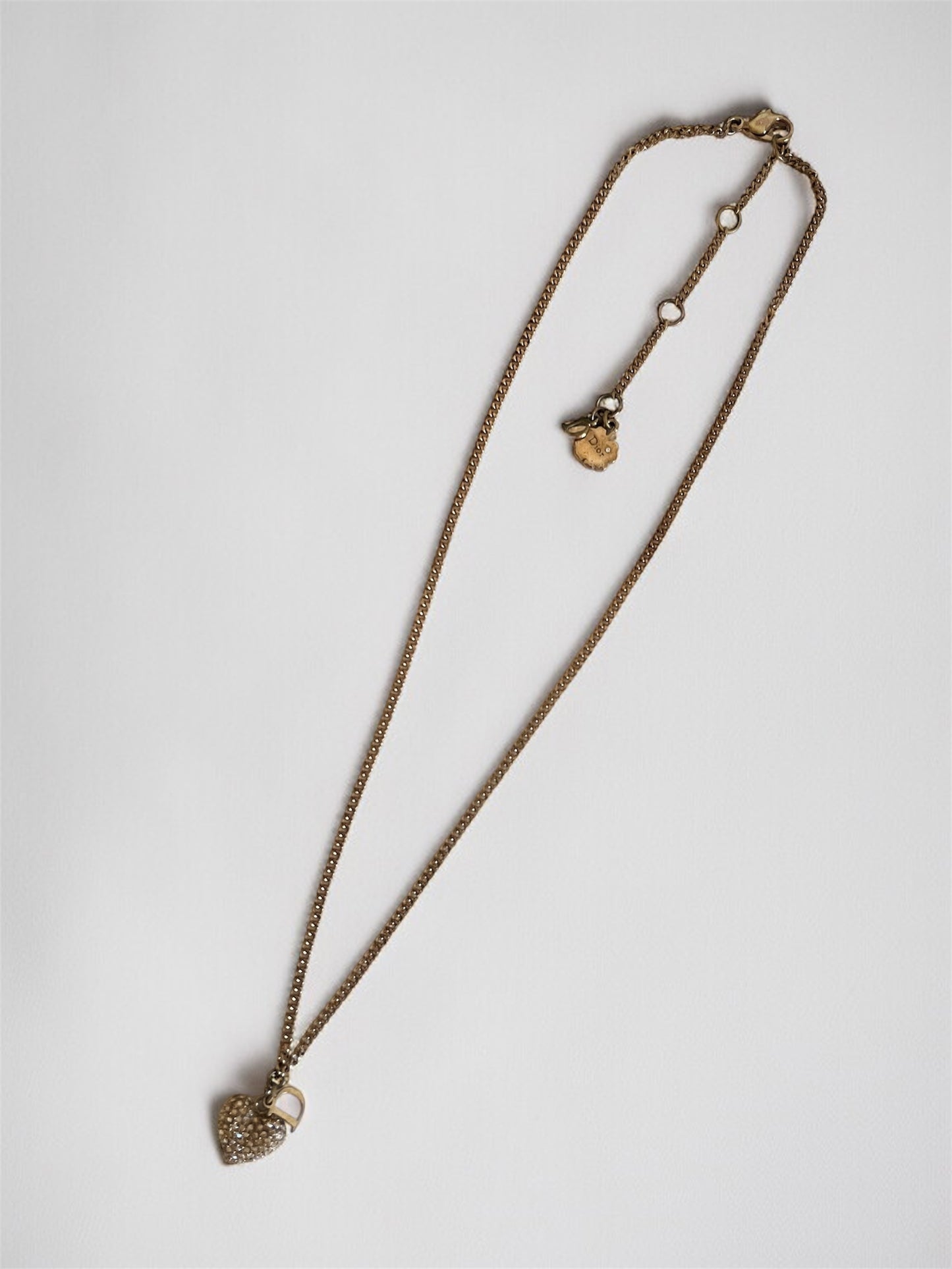 Vintage Dior Gold Necklace – D Initial Charm with Rhinestone Heart Pendant