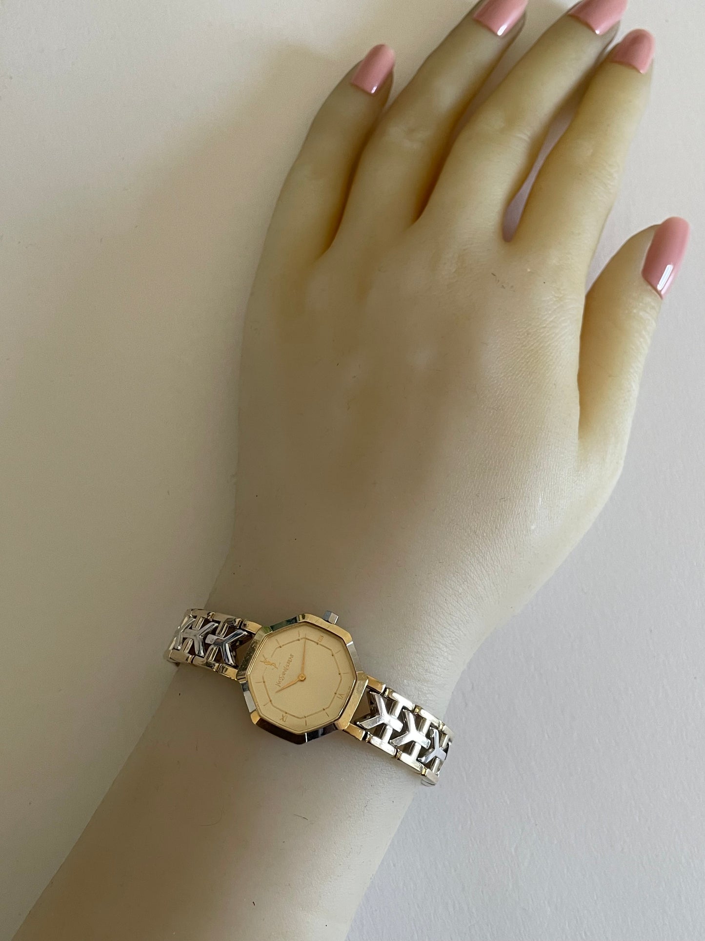 Vintage YSL Octagon Quartz Watch | Two-Tone Stainless Steel, Gold & Silver