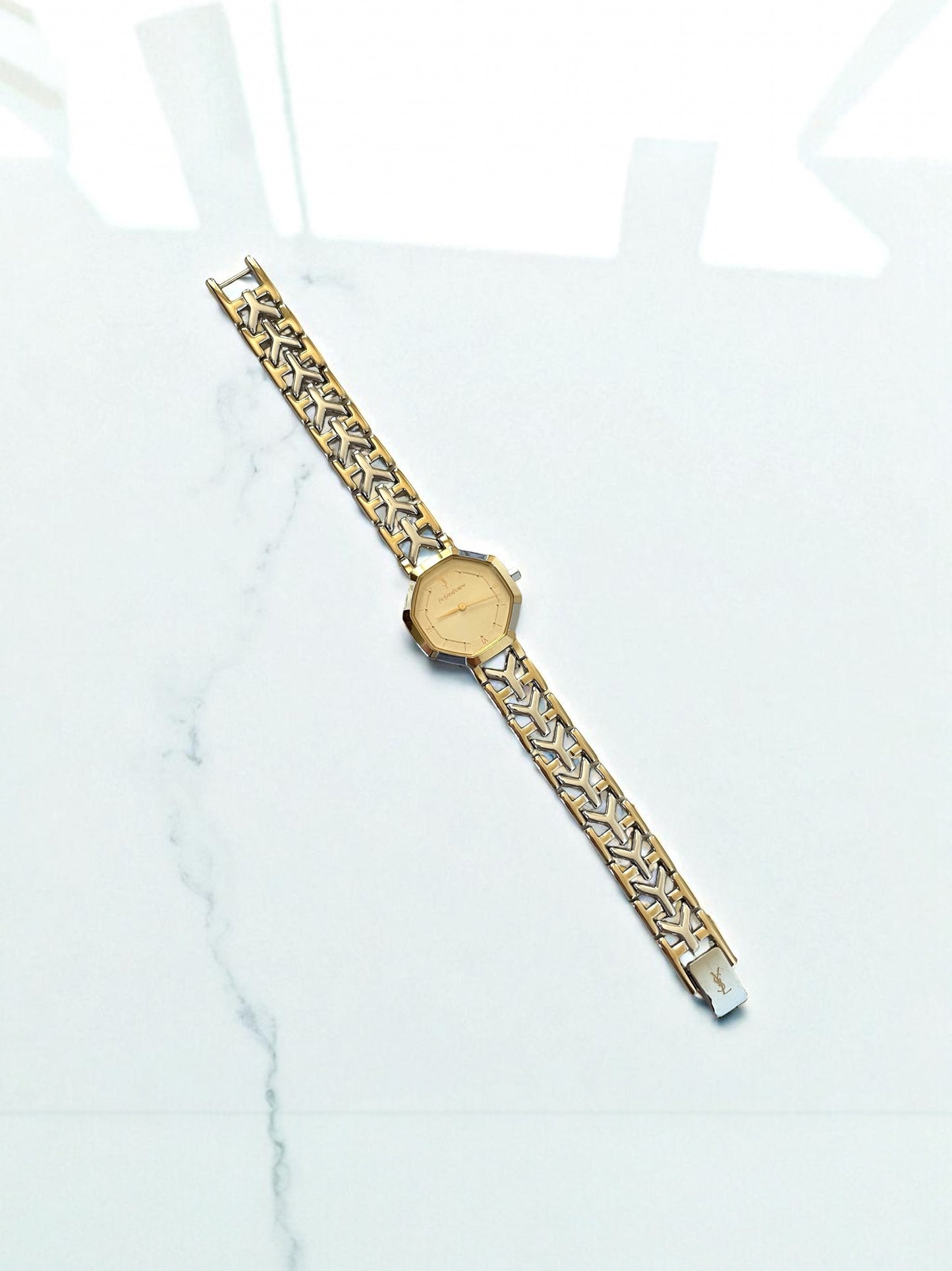 Vintage YSL Octagon Quartz Watch | Two-Tone Stainless Steel, Gold & Silver