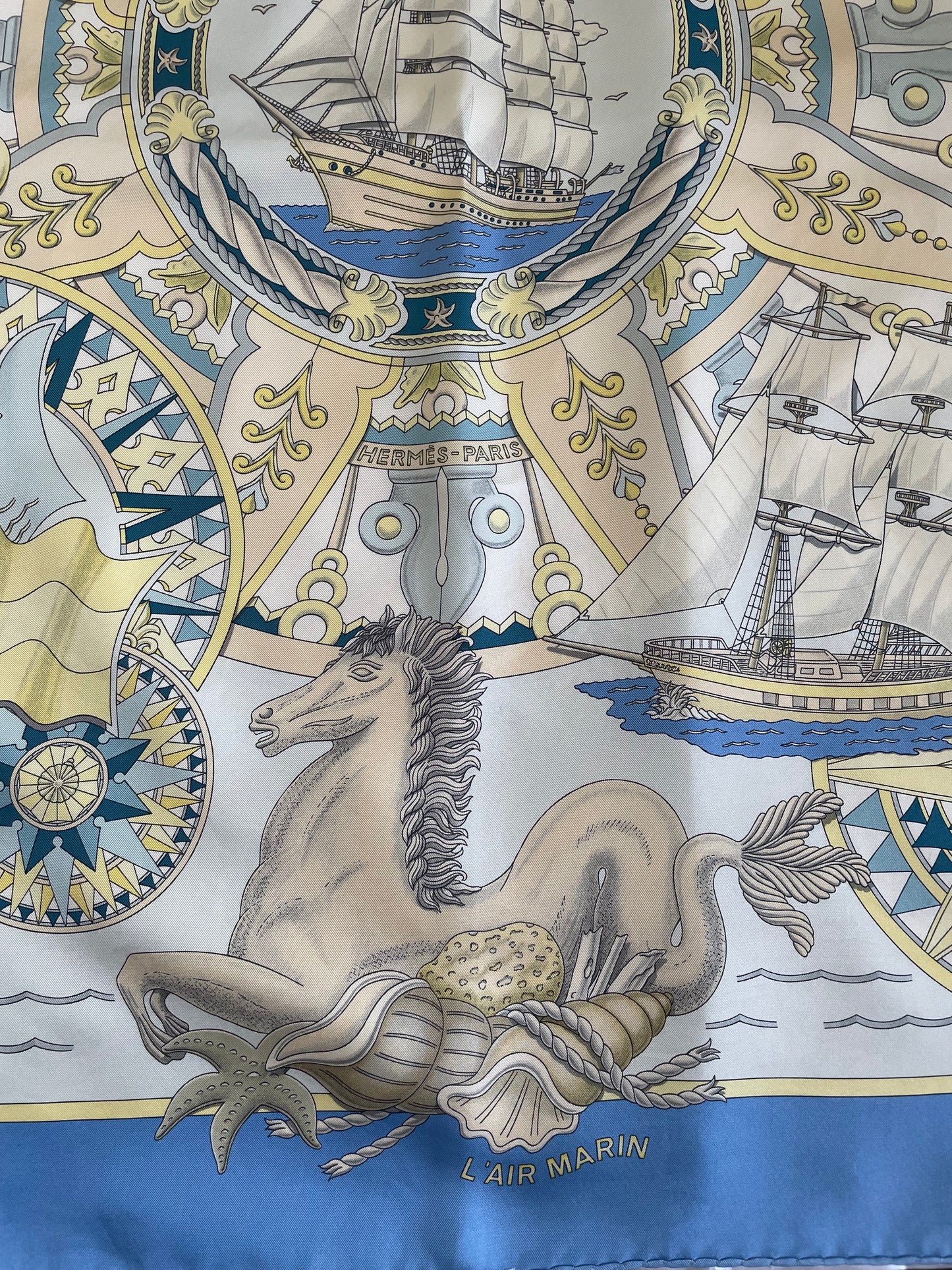 Hermès Carre 90 Silk Scarf – L’Air Marin by J. Metz, Blue Sea Shell Horse Ship Design