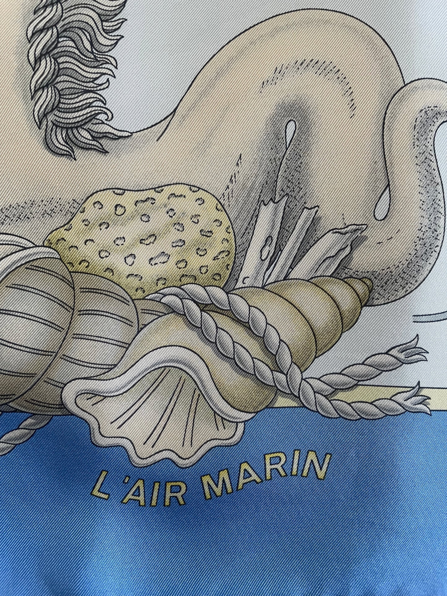 Hermès Carre 90 Silk Scarf – L’Air Marin by J. Metz, Blue Sea Shell Horse Ship Design