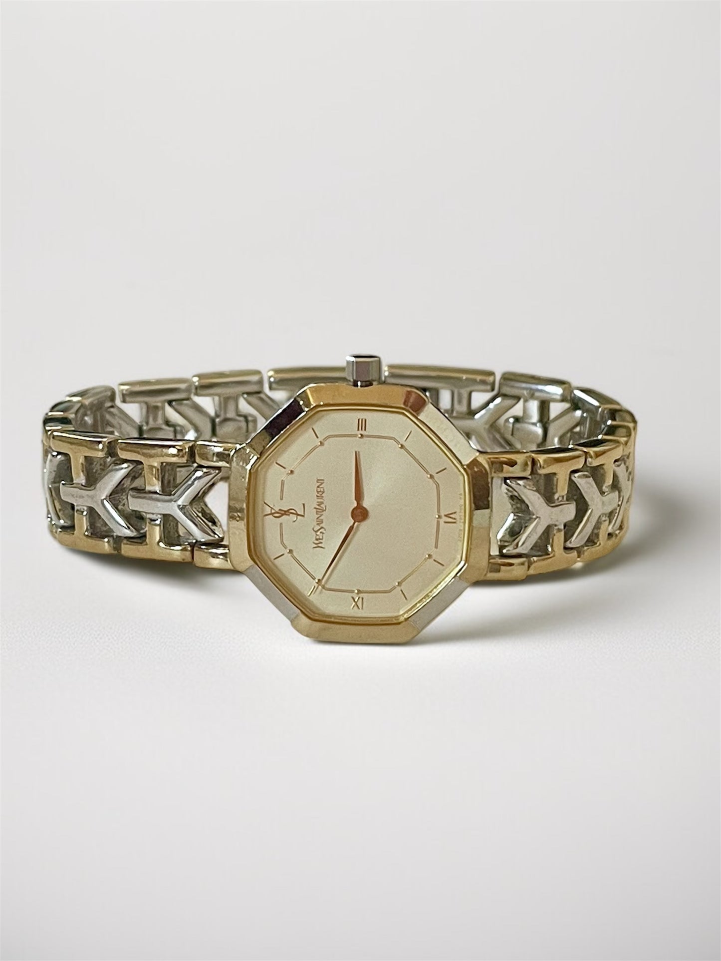Vintage YSL Octagon Quartz Watch | Two-Tone Stainless Steel, Gold & Silver