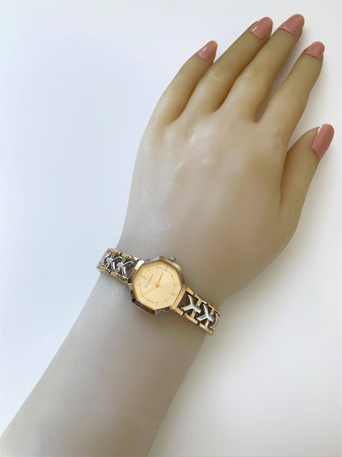 Vintage YSL Octagon Quartz Watch | Two-Tone Stainless Steel, Gold & Silver