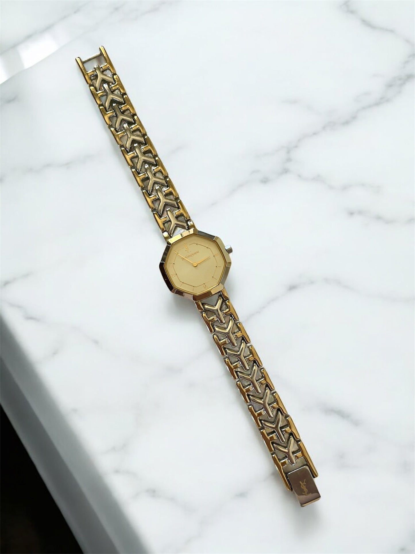 Vintage YSL Octagon Quartz Watch | Two-Tone Stainless Steel, Gold & Silver