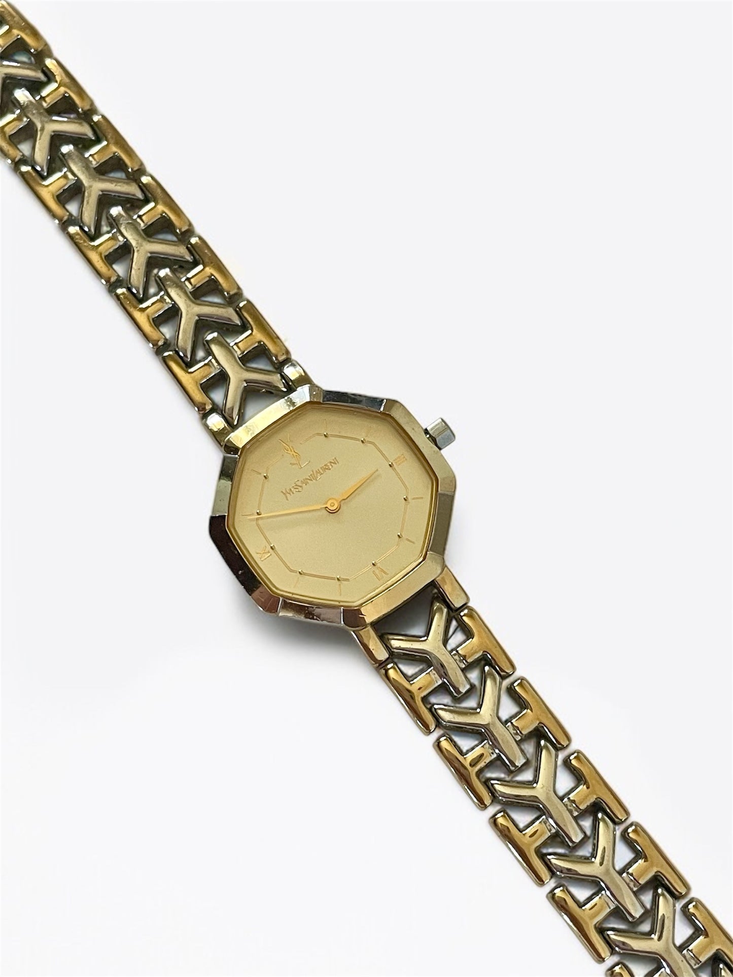 Vintage YSL Octagon Quartz Watch | Two-Tone Stainless Steel, Gold & Silver