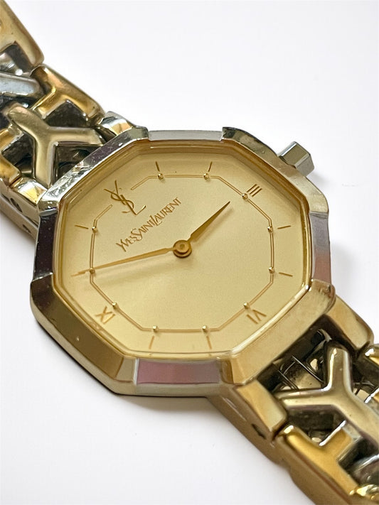 Vintage YSL Octagon Quartz Watch | Two-Tone Stainless Steel, Gold & Silver