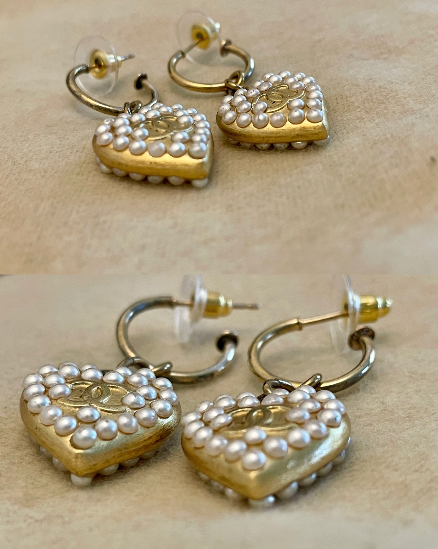 Chanel Vintage Heart-Shaped Pearl Drop Earrings | Gold CC Logo