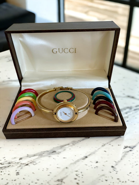 Vintage Gucci Bangle Watch | Changeable Bezel, All Bezels Included, Original Box