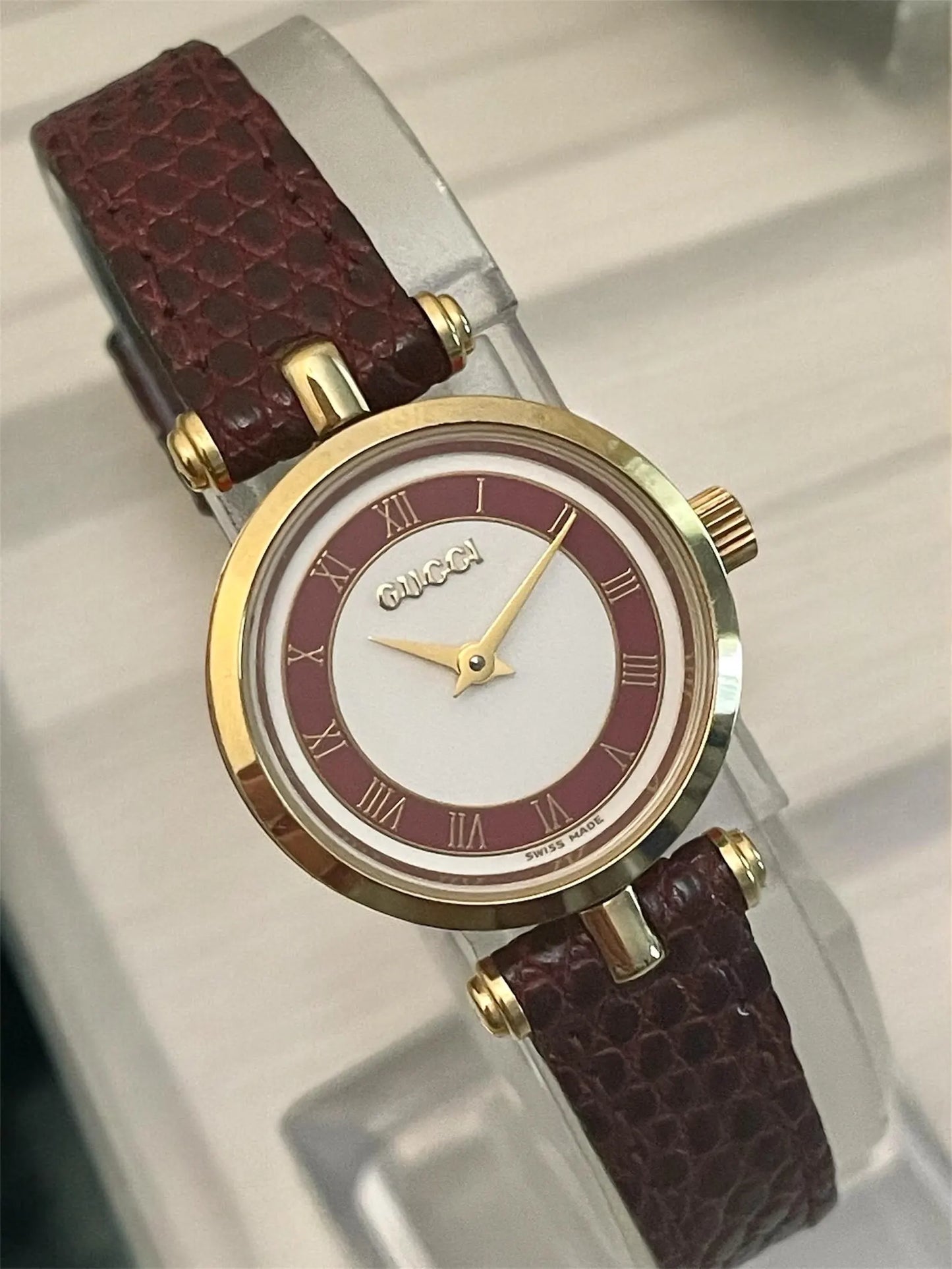 Vintage Gucci Women's Watch | Sherry Line, Burgundy Leather Strap, with Original Box
