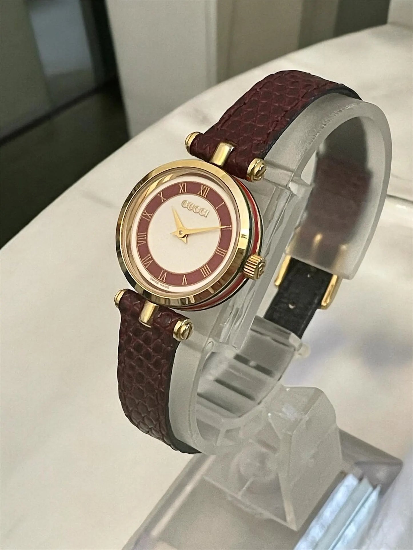 Vintage Gucci Women's Watch | Sherry Line, Burgundy Leather Strap, with Original Box