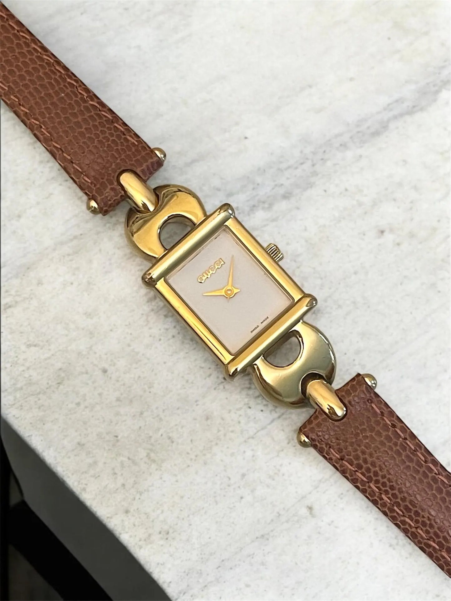 Vintage Gucci Women's Rectangular Watch | Gold Plated, New Gucci Brown Leather Strap