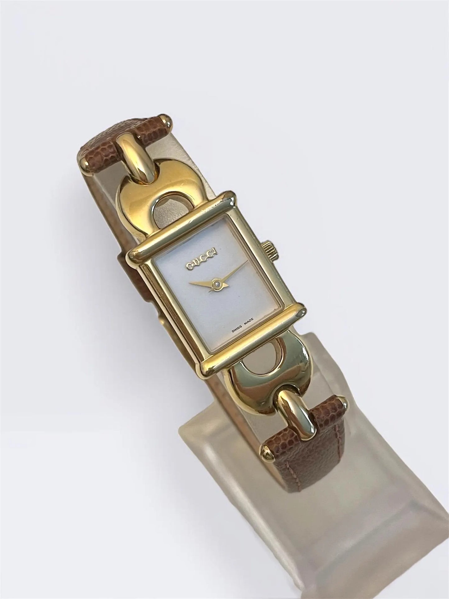 Vintage Gucci Women's Rectangular Watch | Gold Plated, New Gucci Brown Leather Strap