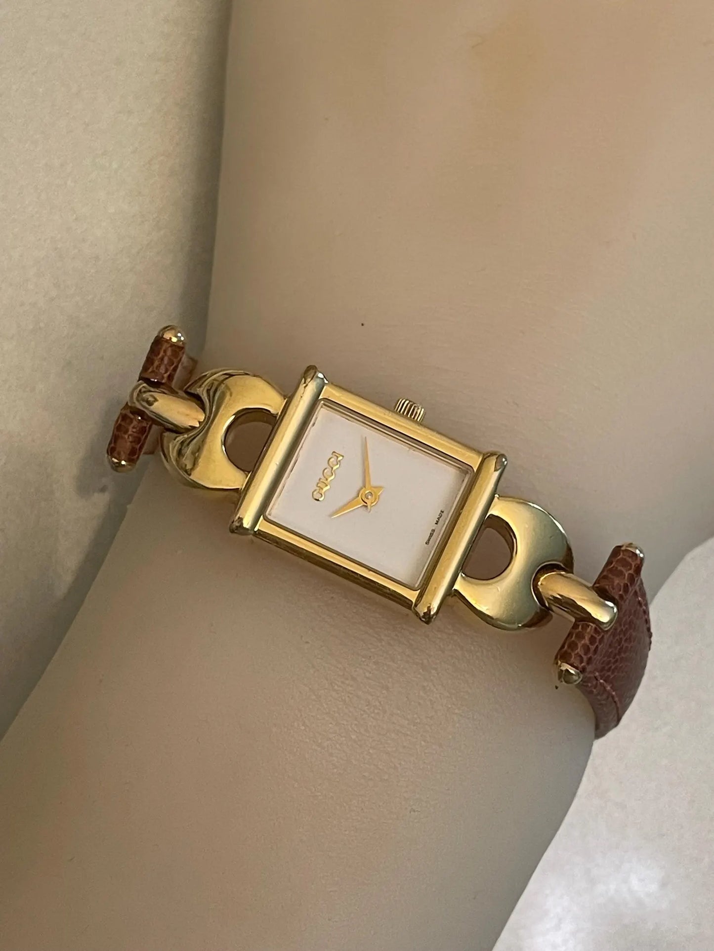 Vintage Gucci Women's Rectangular Watch | Gold Plated, New Gucci Brown Leather Strap