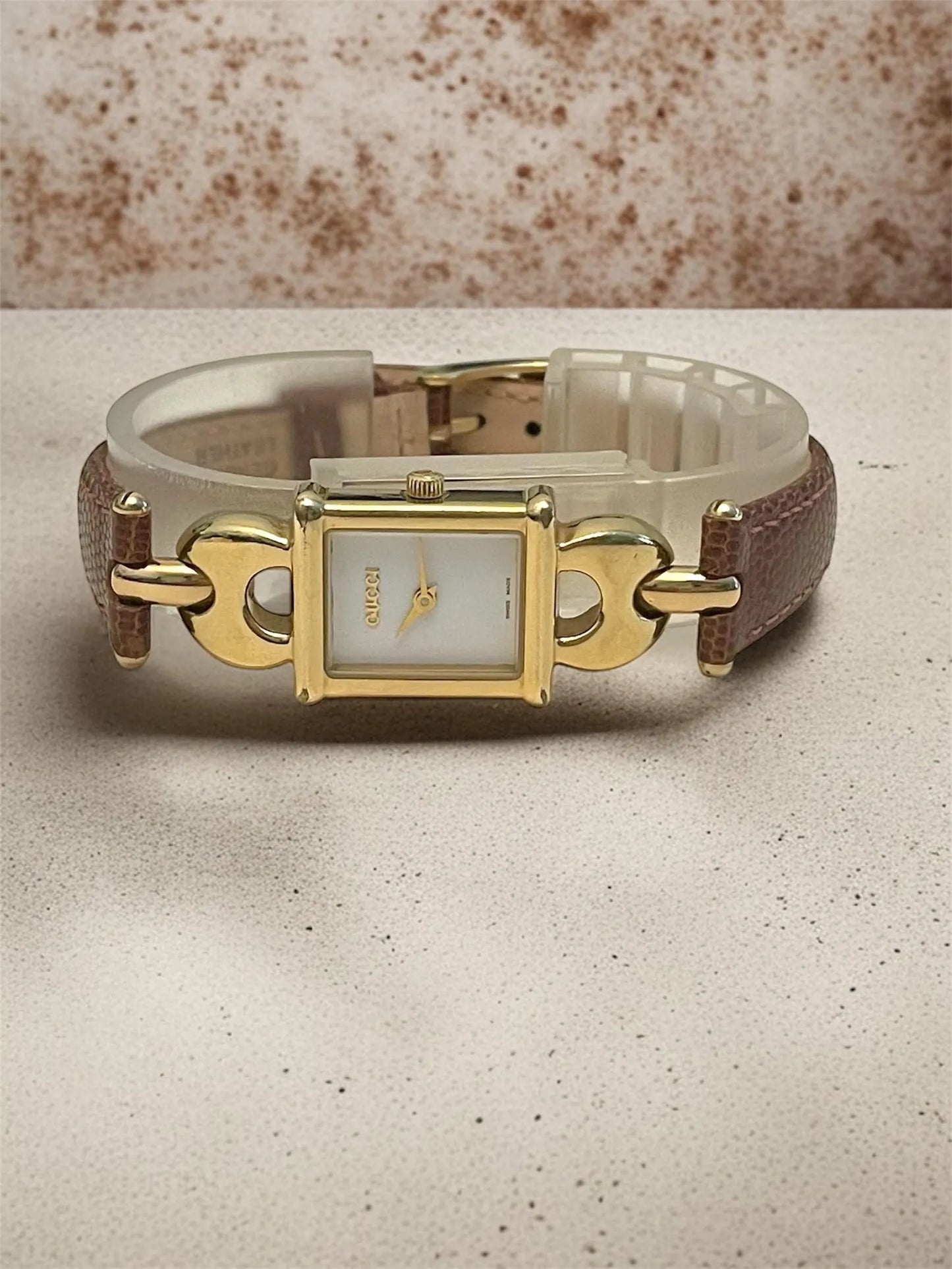 Vintage Gucci Women's Rectangular Watch | Gold Plated, New Gucci Brown Leather Strap