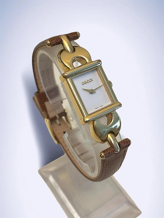 Vintage Gucci Women's Rectangular Watch | Gold Plated, New Gucci Brown Leather Strap