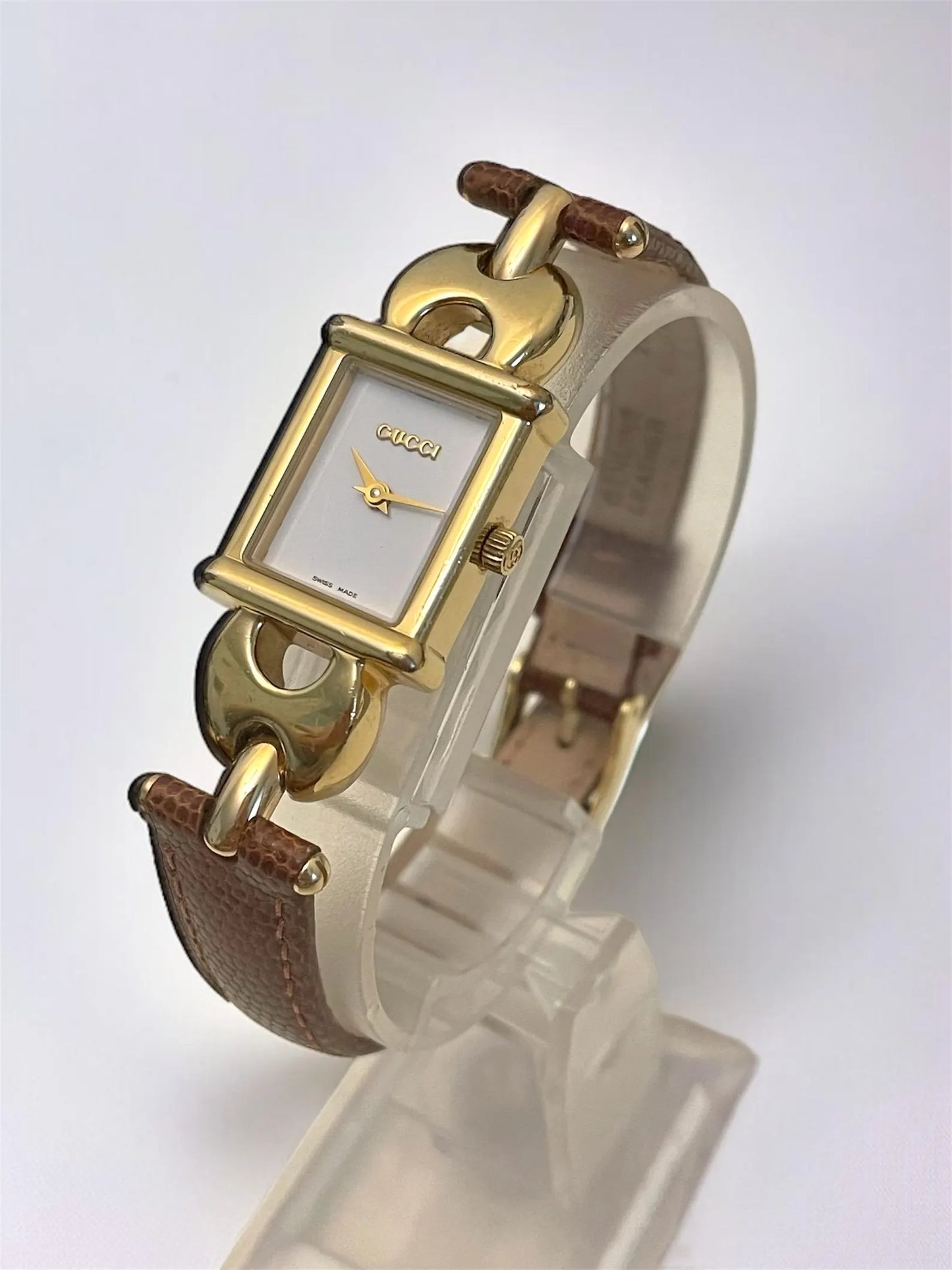 Vintage Gucci Women's Rectangular Watch | Gold Plated, New Gucci Brown Leather Strap