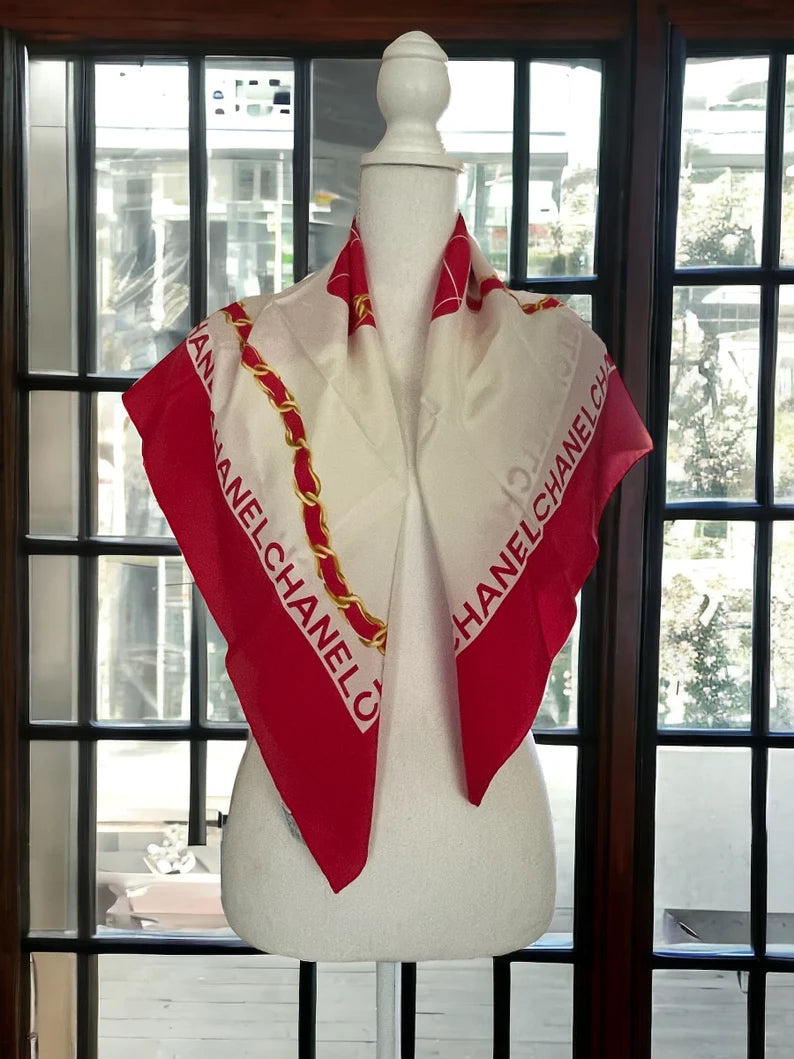 Chanel Vintage Silk Scarf – Red with Flap Bag Print & Matelasse Quilted Design